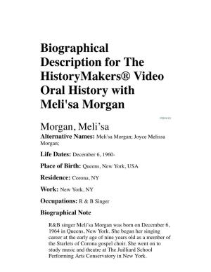 Biographical Description for the Historymakers® Video Oral History with Meli'sa Morgan