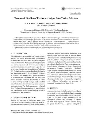 Taxonomic Studies of Freshwater Algae from Taxila, Pakistan