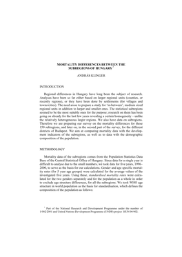 Mortality Differences Between the Subregions of Hungary *