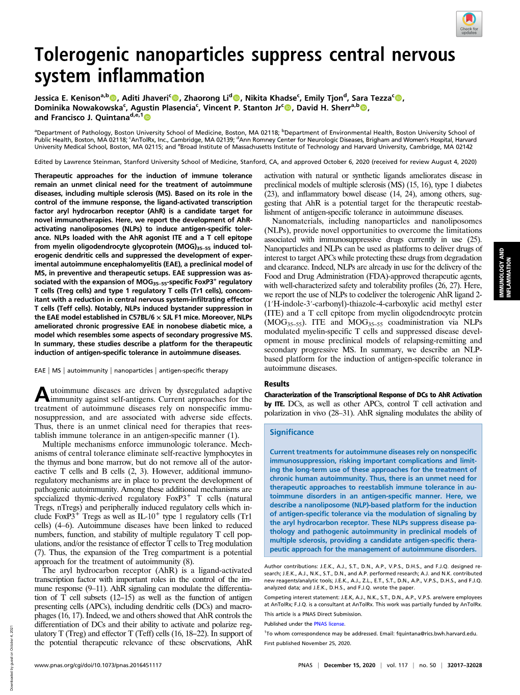 Tolerogenic Nanoparticles Suppress Central Nervous System Inflammation