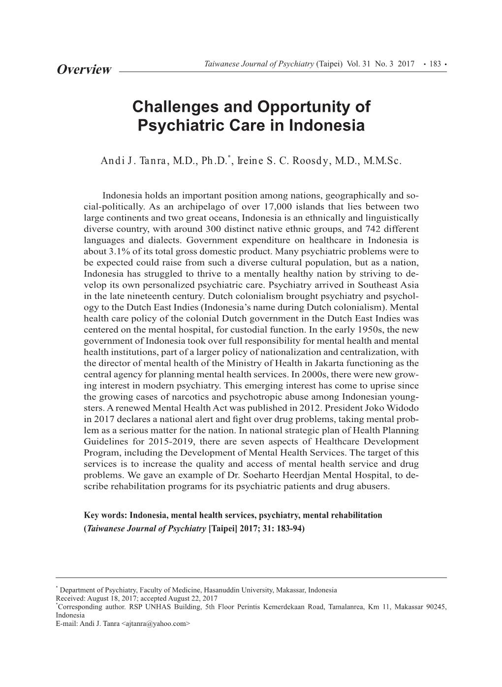 Challenges and Opportunity of Psychiatric Care in Indonesia