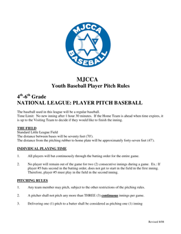 Youth Baseball Player Pitch Rules 4Th-6Th Grade NATIONAL LEAGUE