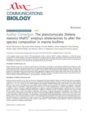 Author Correction: the Planctomycete Stieleria Maiorica Mal15t Employs Stieleriacines to Alter the Species Composition in Marine Bioﬁlms