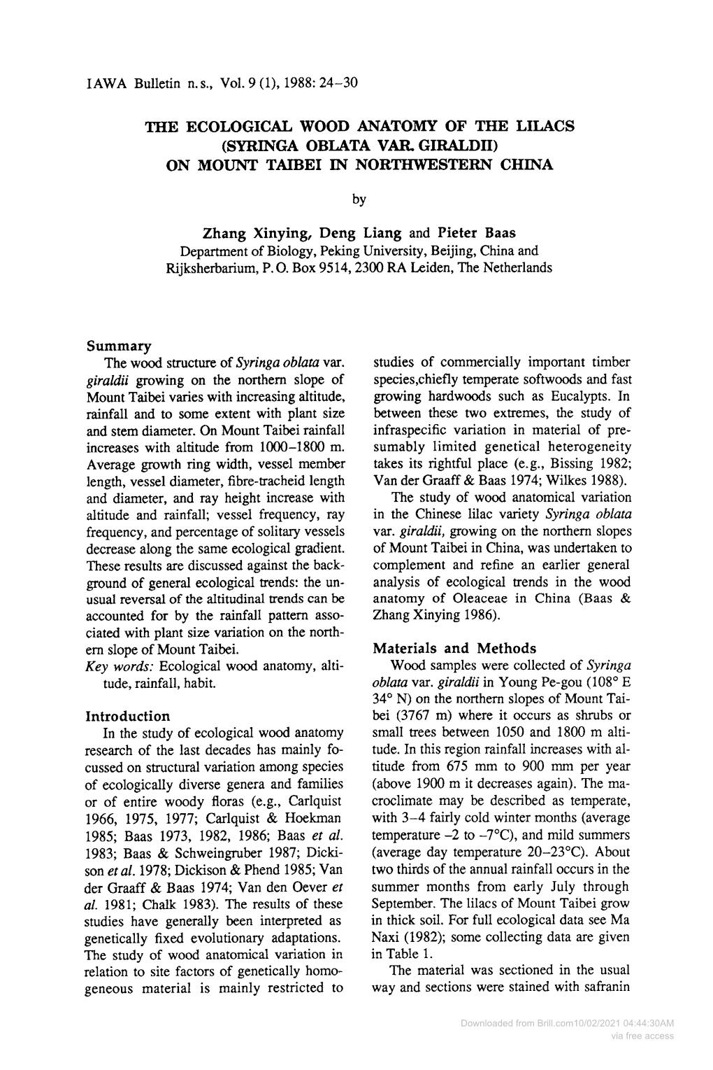 The Ecological Wood Anatomy of the Lilacs (Syringa Oblata Var