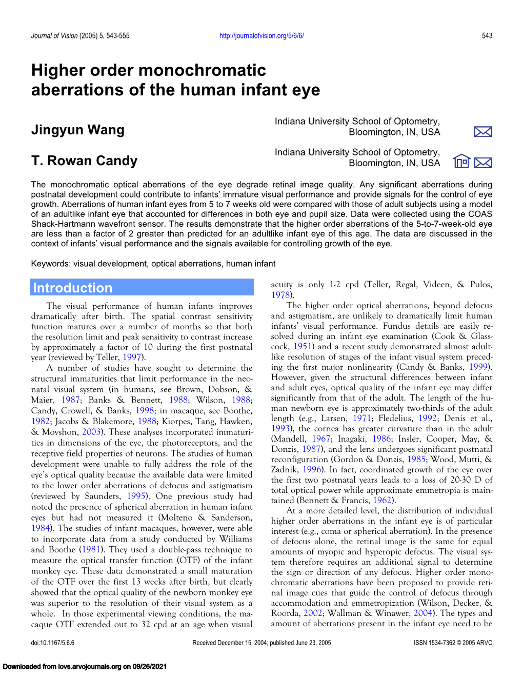 Higher Order Monochromatic Aberrations of the Human Infant Eye