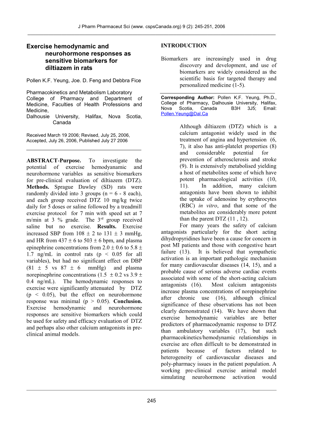 Exercise Hemodynamic and Neurohormone Responses As Sensitive Biomarkers for Diltiazem in Rats