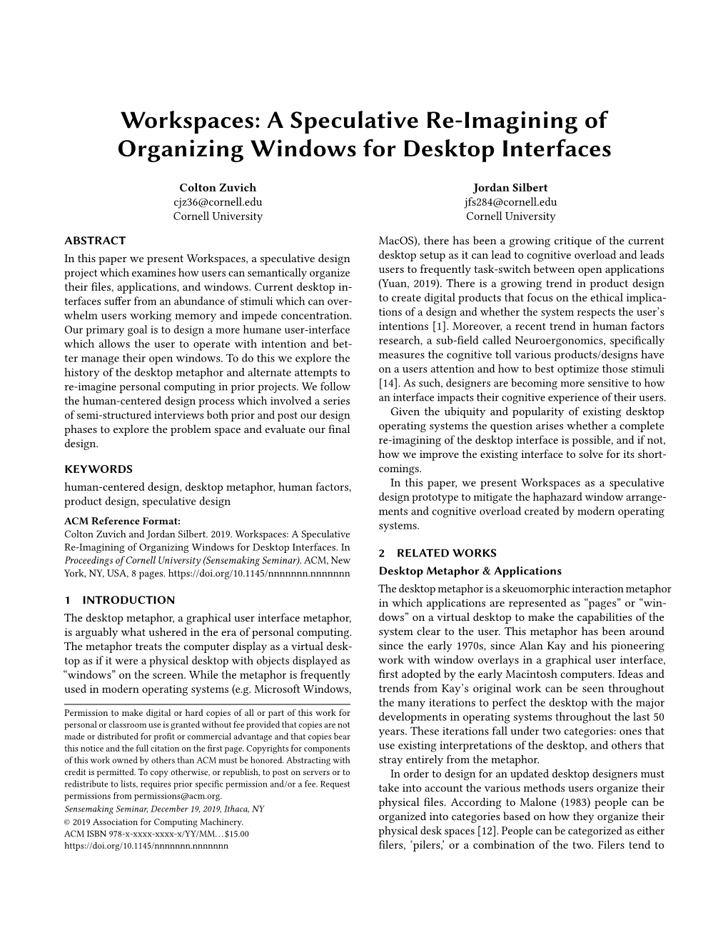 Workspaces: a Speculative Re-Imagining of Organizing Windows for Desktop Interfaces