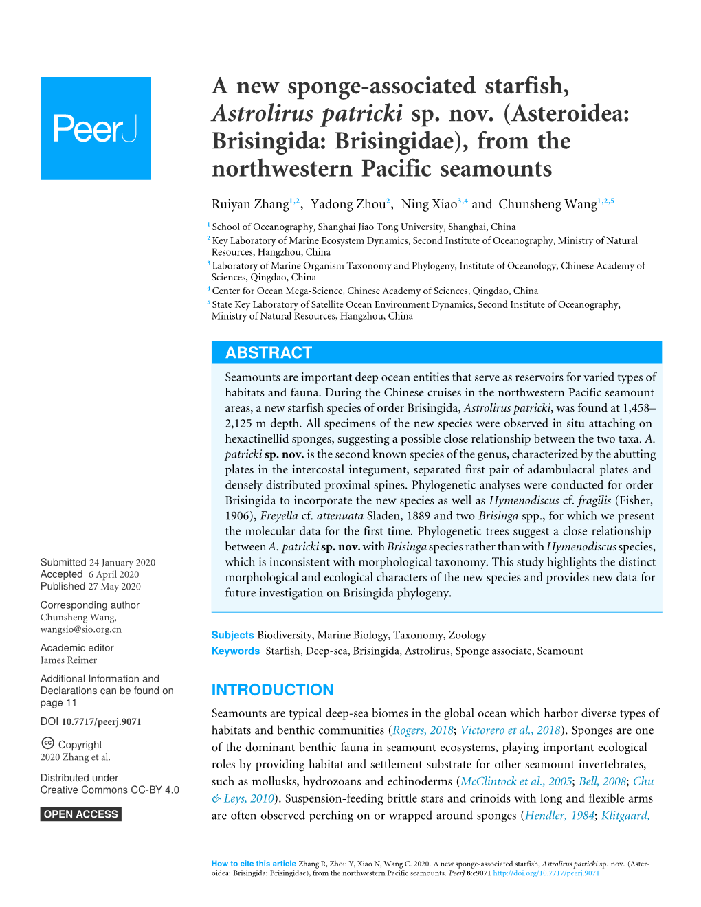 A New Sponge-Associated Starfish, Astrolirus Patricki Sp. Nov. (Asteroidea: Brisingida: Brisingidae), from the Northwestern Pacific Seamounts