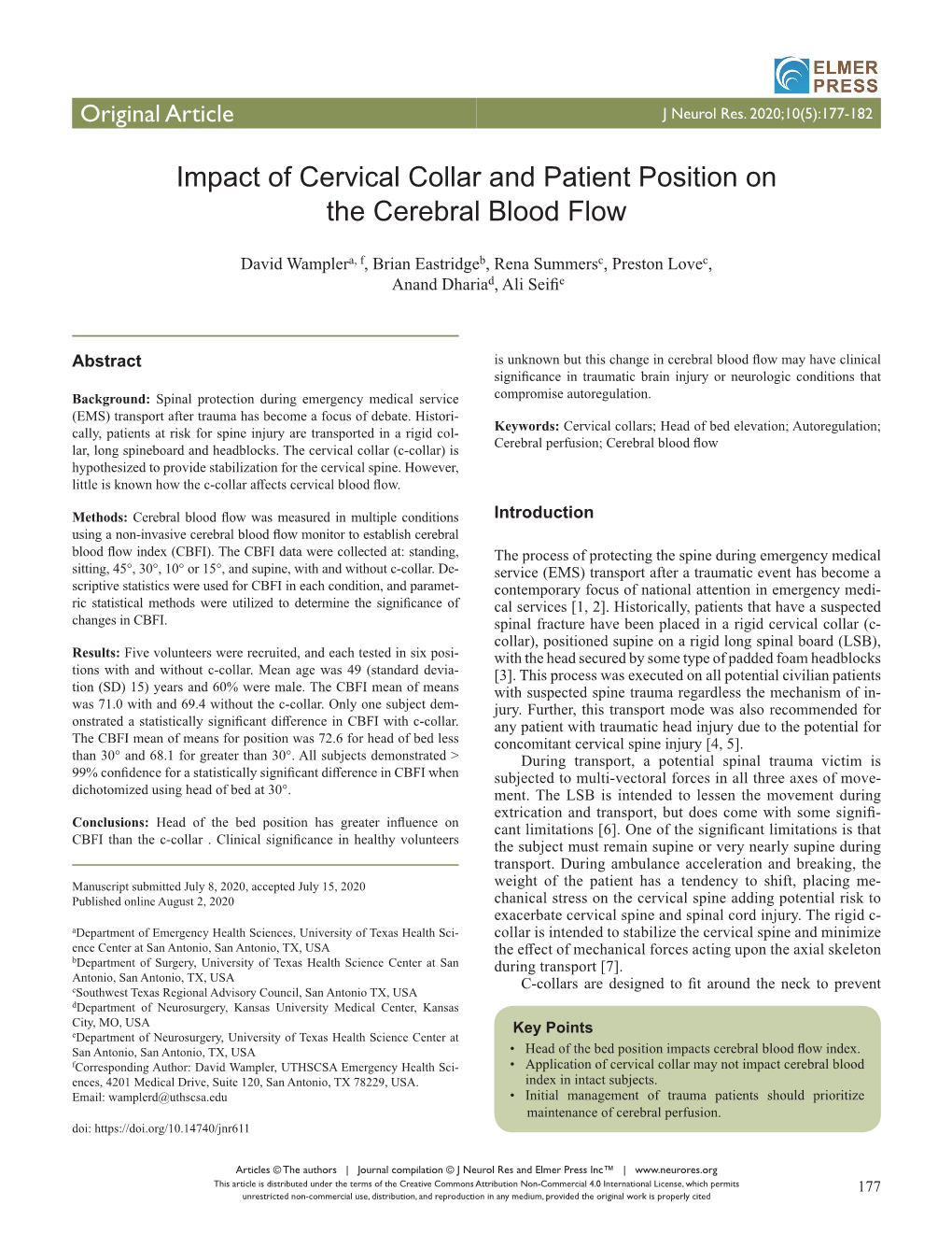 Impact of Cervical Collar and Patient Position on the Cerebral Blood Flow
