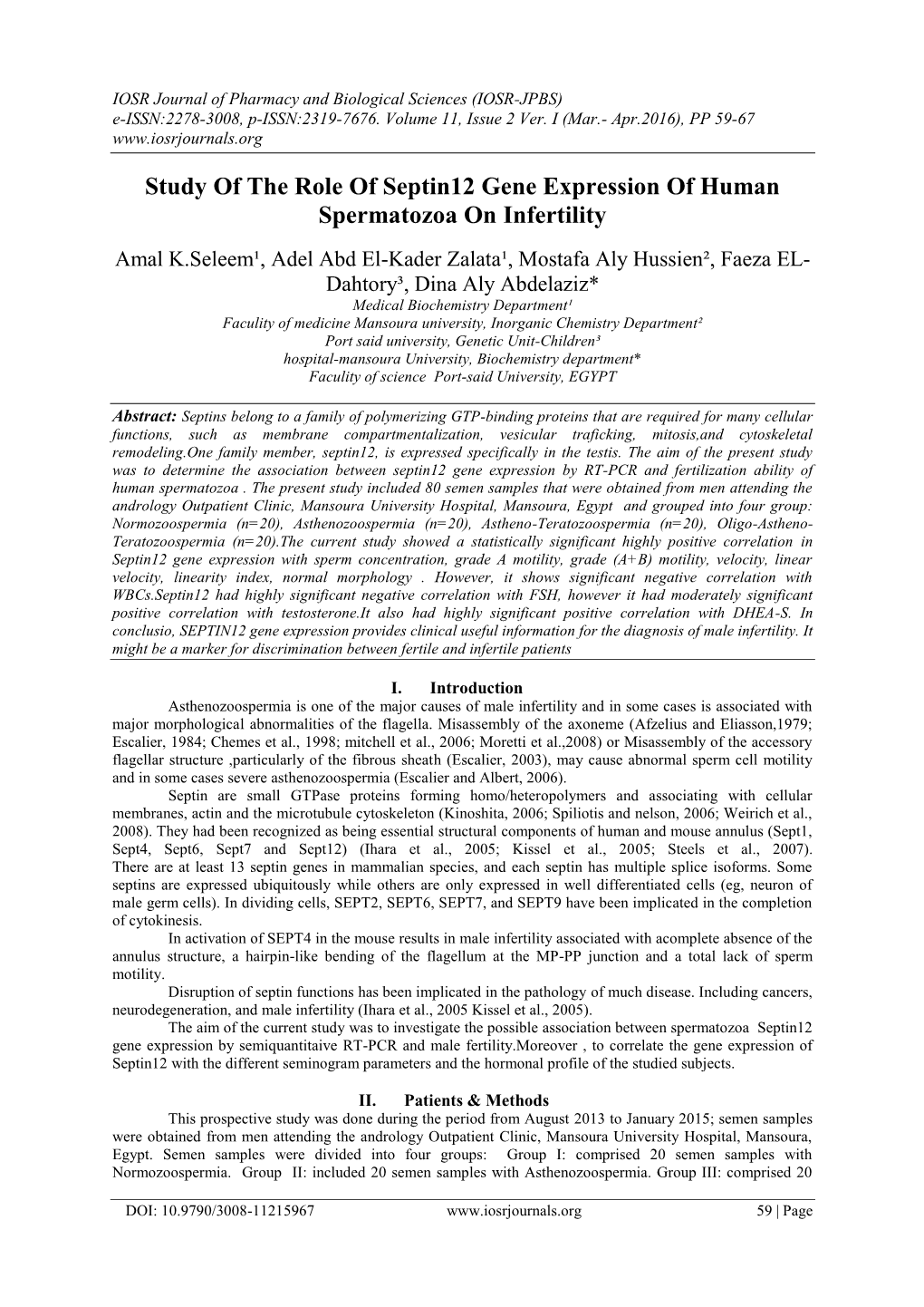 Study of the Role of Septin12 Gene Expression of Human Spermatozoa on Infertility