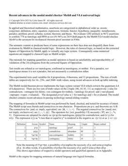 Recent Advances in the Modal Model Checker Meth8 and VŁ4 Universal Logic