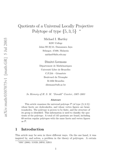Arxiv:Math/0307075V1 [Math.GR] 5 Jul 2003 Quotients of a Universal