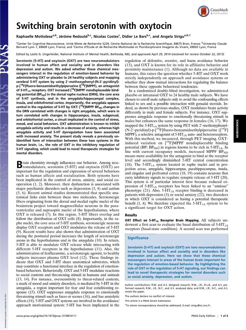 Switching Brain Serotonin with Oxytocin