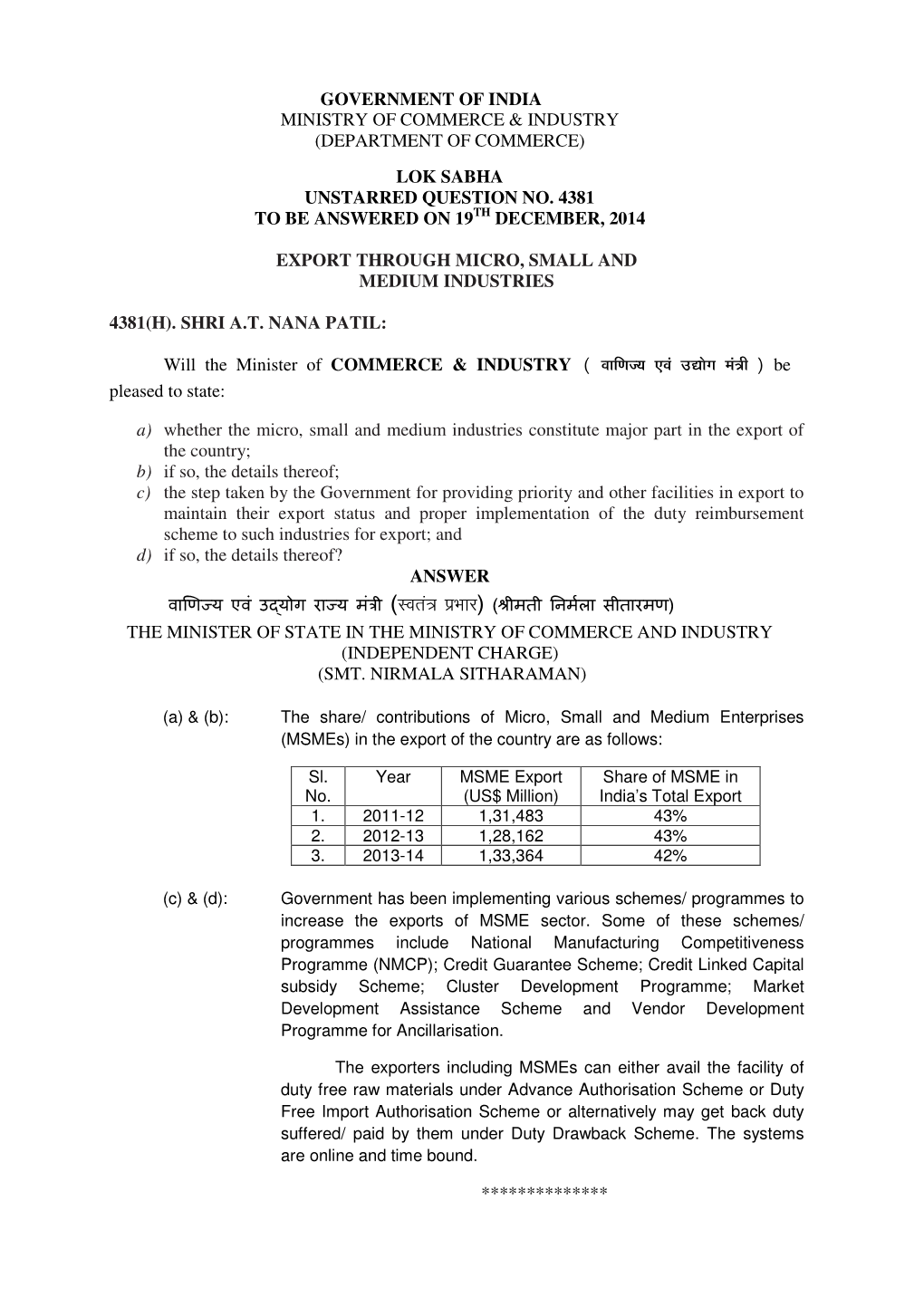 Lok Sabha Unstarred Question No. 4381 to Be Answered on 19Th December, 2014