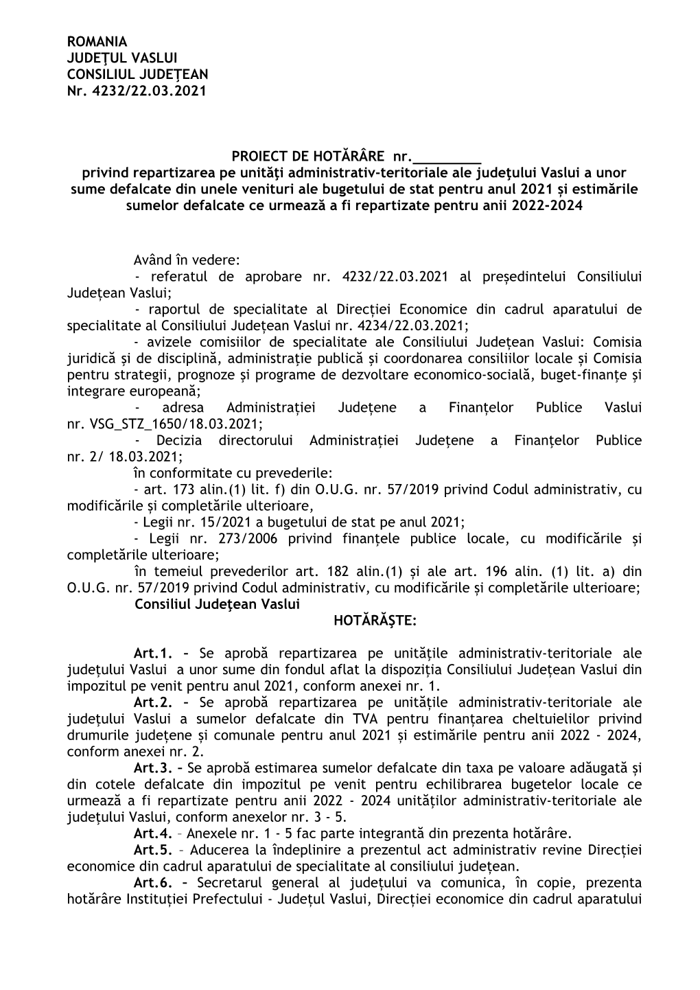 Proiect De Hotărâre Privind Repartizarea Pe Unităţi Administrativ