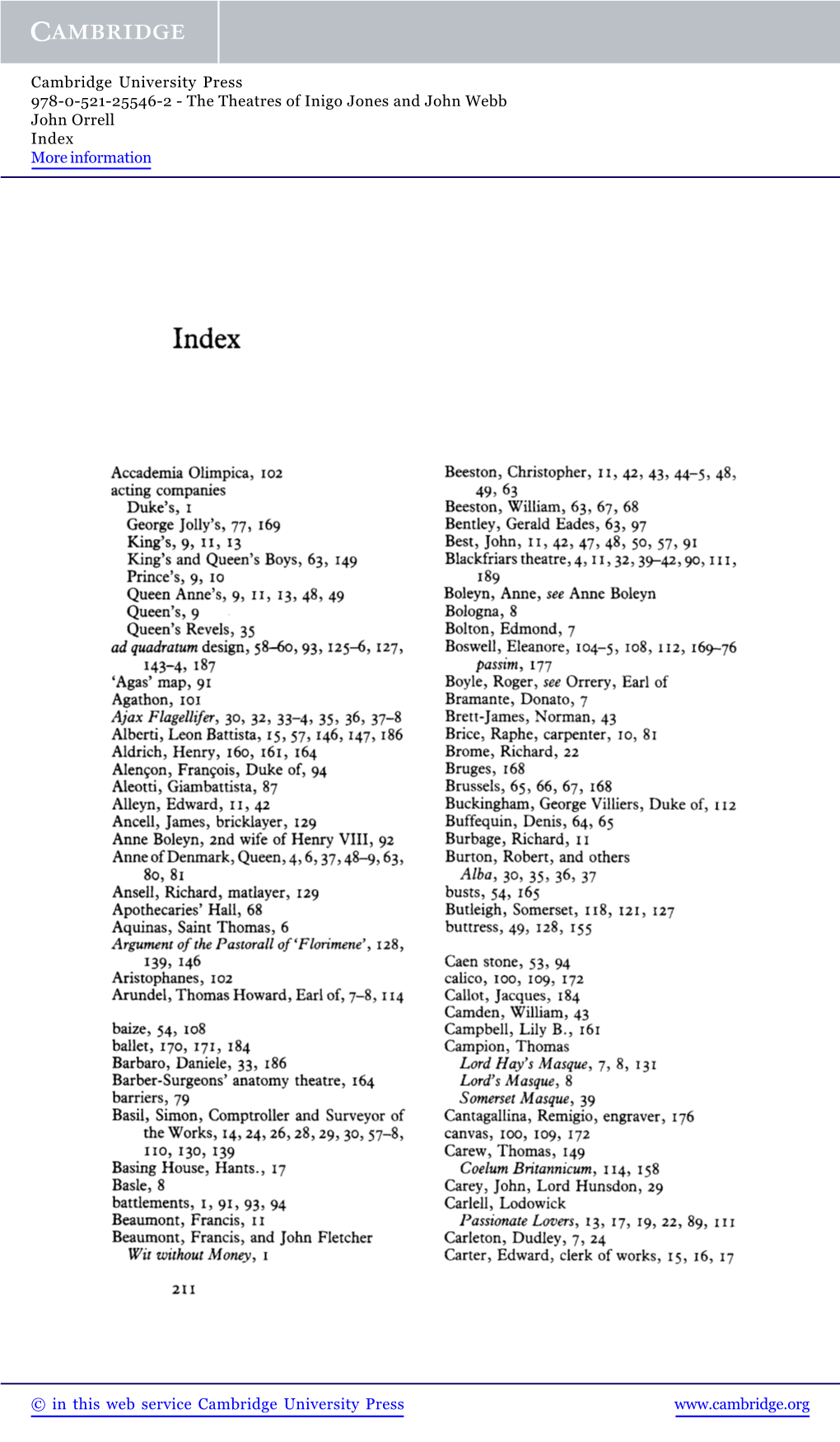 He Theatres of Inigo Jones and John Webb John Orrell Index More Information