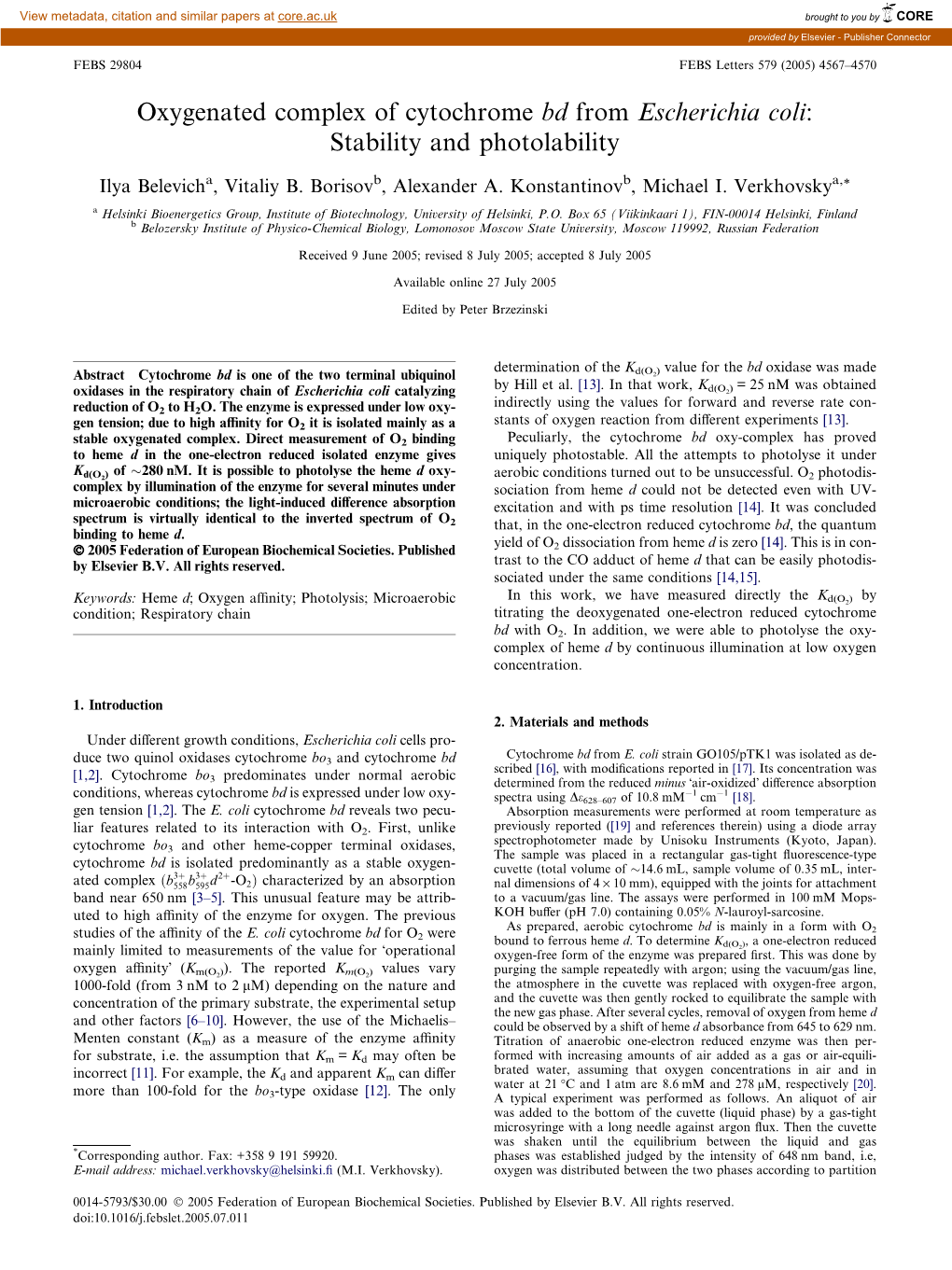 Oxygenated Complex of Cytochrome Bd from Escherichia Coli: Stability and Photolability