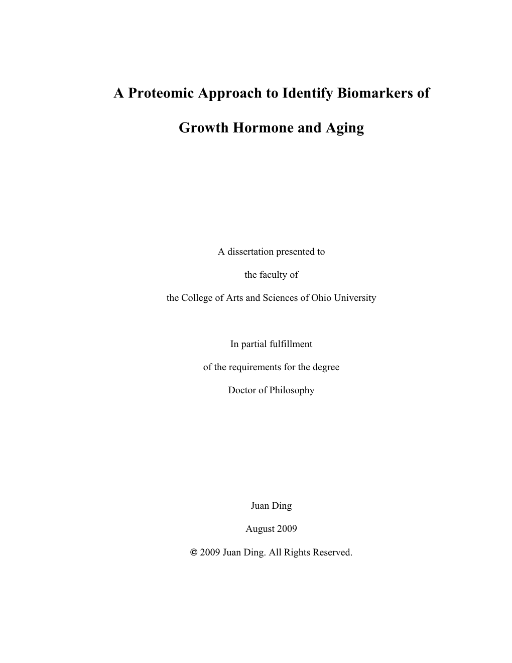 A Proteomic Approach to Identify Biomarkers of Growth Hormone and Aging (312 Pp.)