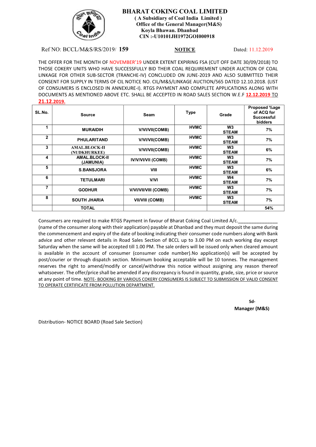 BHARAT COKING COAL LIMITED ( a Subsidiary of Coal India Limited ) Office of the General Manager(M&S) Koyla Bhawan