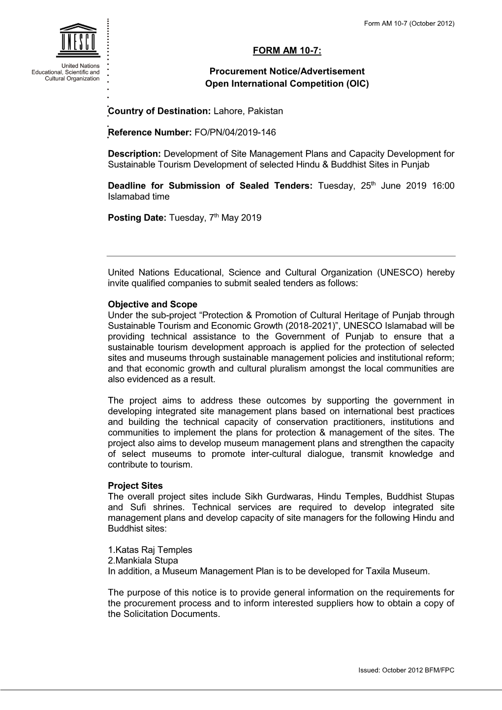 Procurement Notice/Advertisement Open International Competition (OIC)