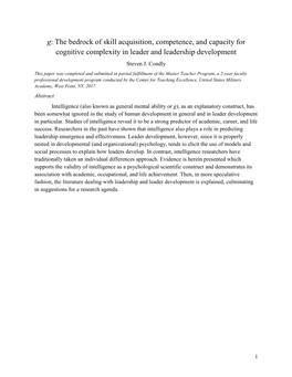 G: the Bedrock of Skill Acquisition, Competence, and Capacity for Cognitive Complexity in Leader and Leadership Development Steven J