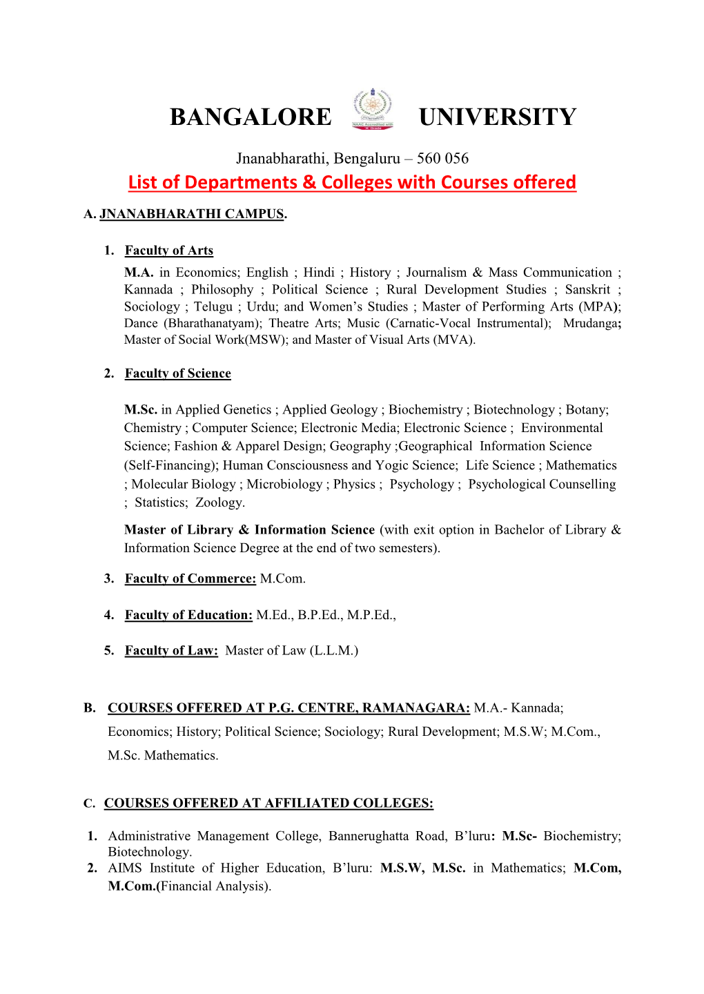 List of Departments & Colleges with Courses Offered