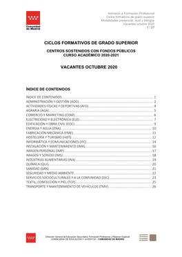 Ciclos Formativos De Grado Superior Modalidades Presencial, Dual Y Bilingüe Vacantes Octubre 2020 1 / 27
