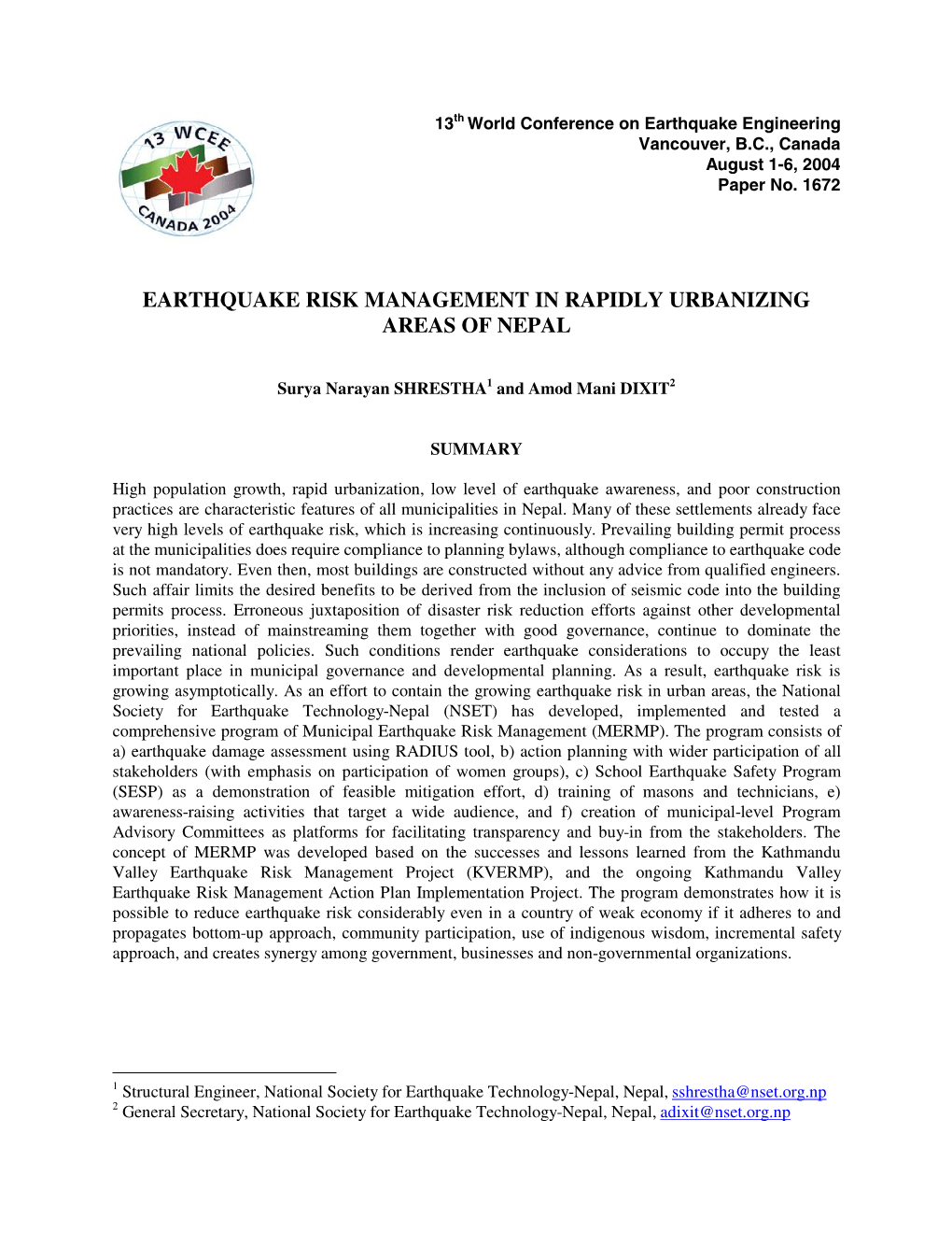 Earthquake Risk Management in Rapidly Urbanizing Areas of Nepal