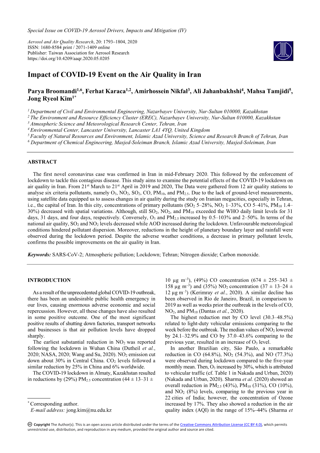 Impact of COVID-19 Event on the Air Quality in Iran