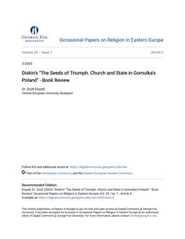 The Seeds of Triumph. Church and State in Gomulka's Poland" - Book Review