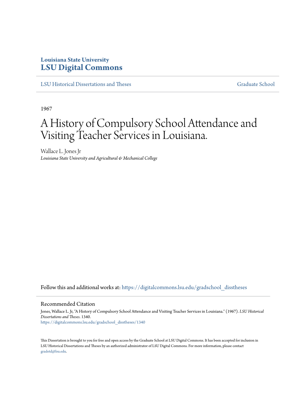 A History of Compulsory School Attendance and Visiting Teacher Services in Louisiana