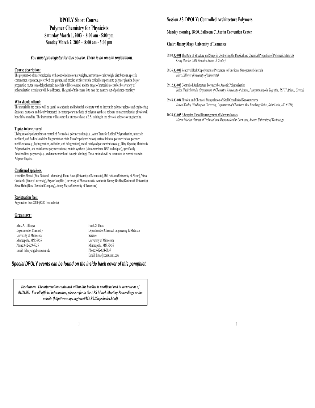 DPOLY Short Course Polymer Chemistry for Physicists