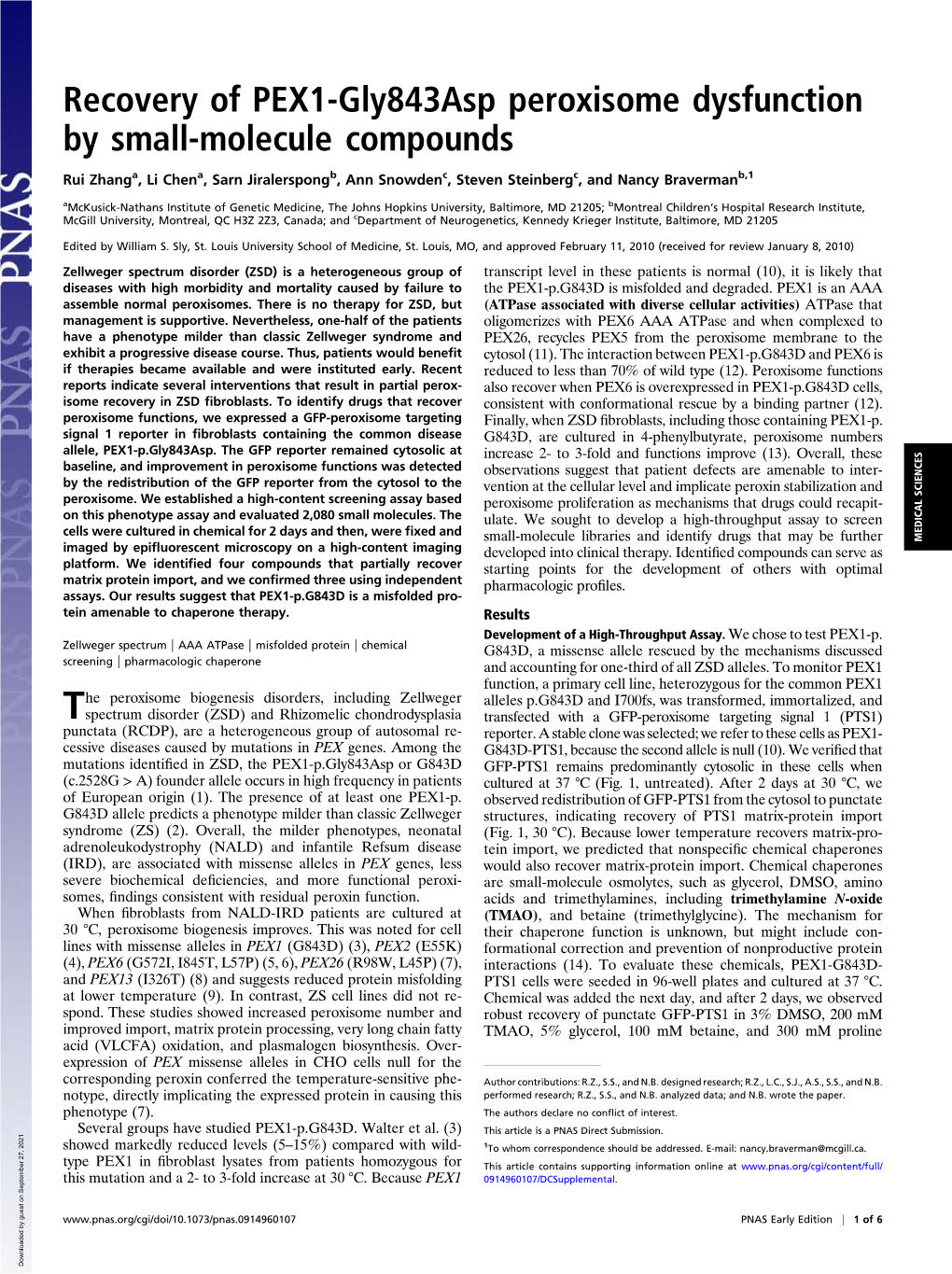 Recovery of PEX1-Gly843asp Peroxisome Dysfunction by Small-Molecule Compounds