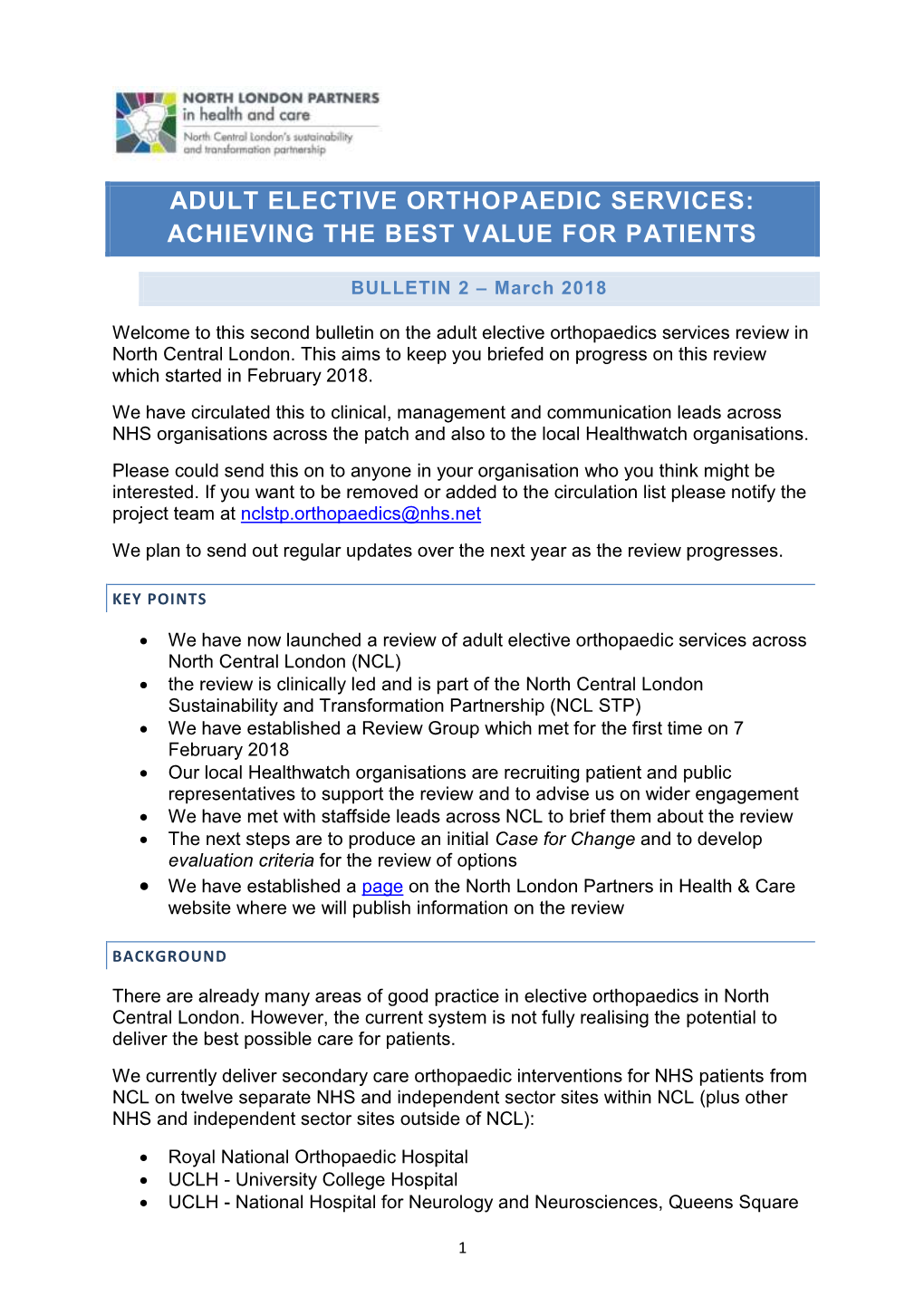 Adult Elective Orthopaedic Services: Achieving the Best Value for Patients