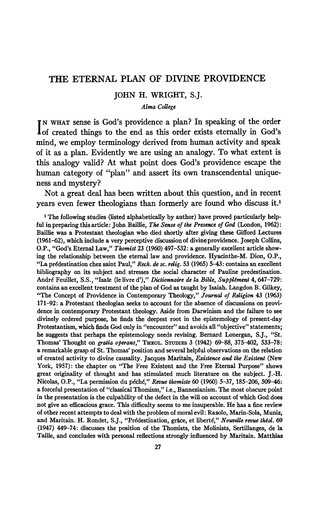 The Eternal Plan of Divine Providence John H. Wright, Sj