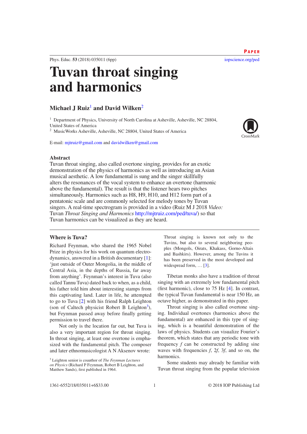 Tuvan Throat Singing and Harmonics