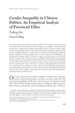 Gender Inequality in Chinese Politics: an Empirical Analysis of Provincial Elites Fubing Su Vassar College