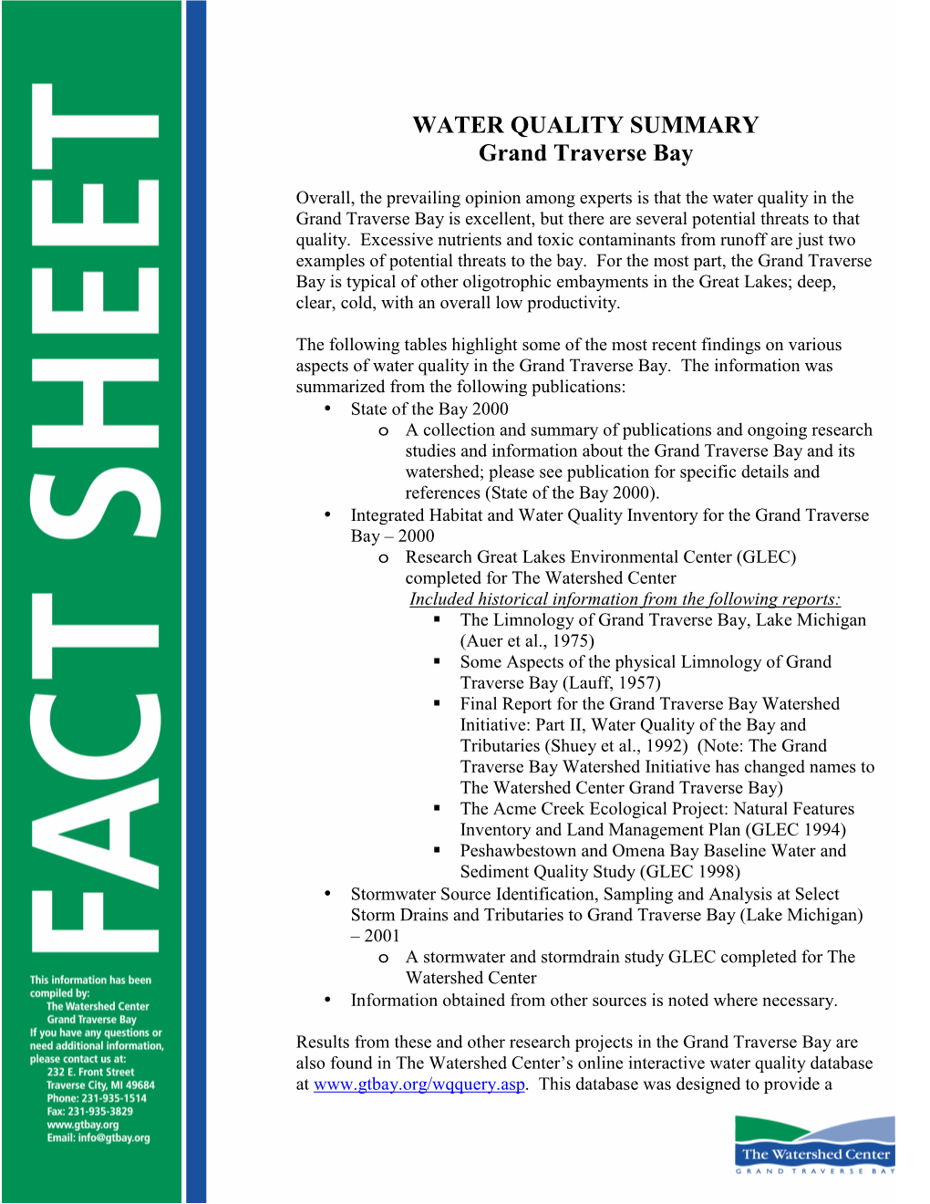 WATER QUALITY SUMMARY Grand Traverse Bay