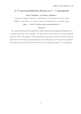 A R4 Non-Renormalisation Theorem in N = 4 Supergravity Abstract