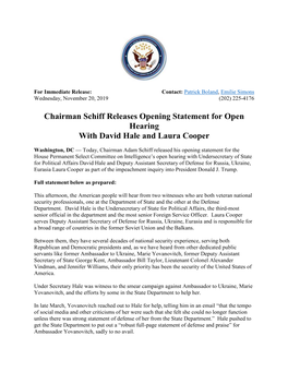 Chairman Schiff Releases Opening Statement for Open Hearing with David Hale and Laura Cooper