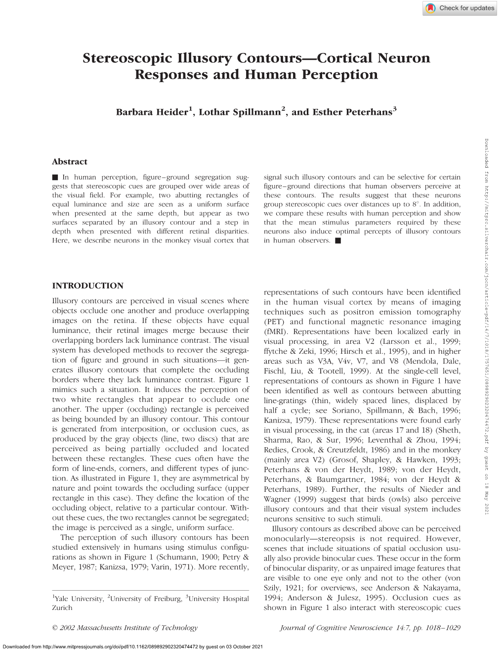 Stereoscopic Illusory Contours—Cortical Neuron Responses and Human Perception