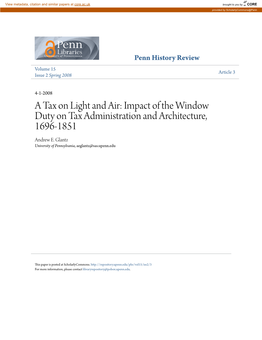 Impact of the Window Duty on Tax Administration and Architecture, 1696-1851 Andrew E