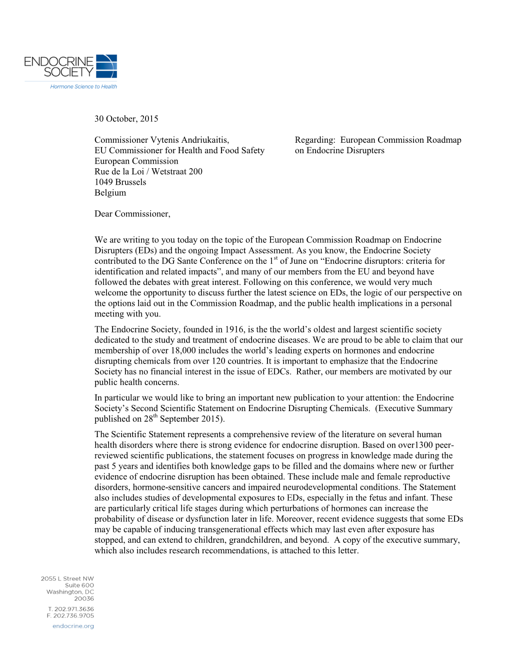 Endocrine Society Letter to Commissioner Vytenis Andriukaitis
