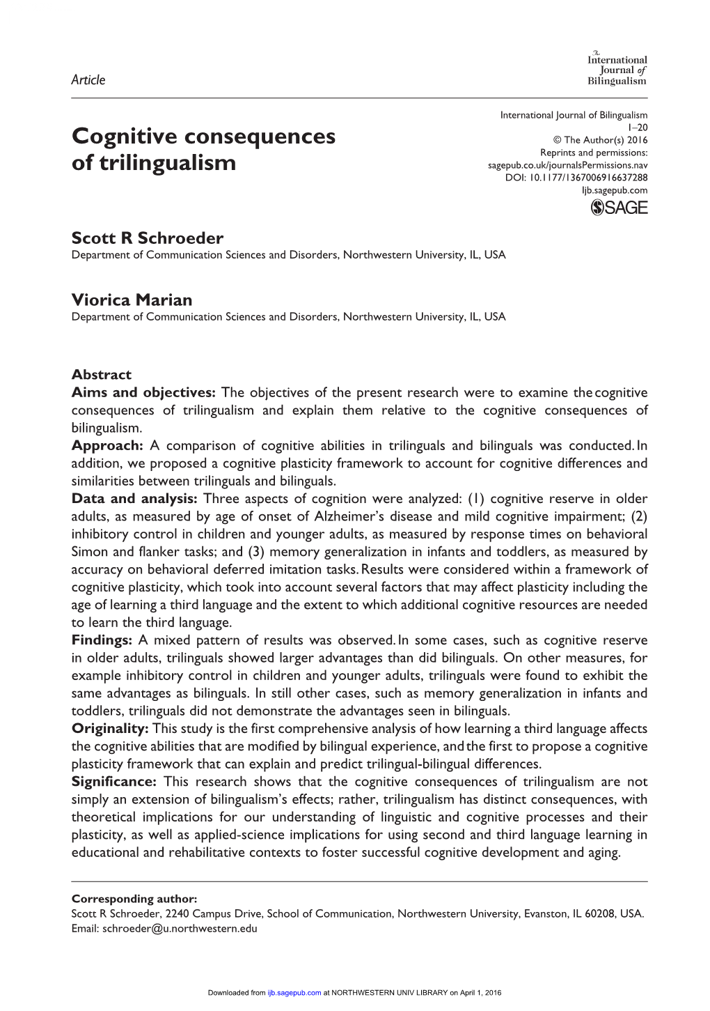 Cognitive Consequences of Trilingualism and Explain Them Relative to the Cognitive Consequences of Bilingualism