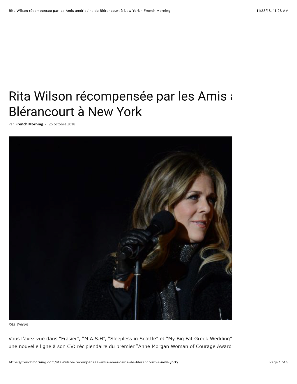 Rita Wilson Récompensée Par Les Amis Américains De Blérancourt À New York - French Morning 11/28/18, 11�28 AM