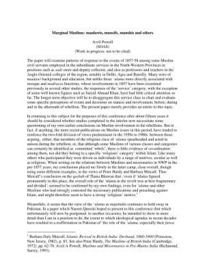Marginal Muslims: Maulawis, Munsifs, Munshis and Others Avril Powell