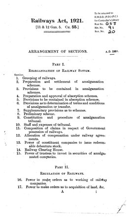 Railways Act, 1 921. for Controller's Library Run No
