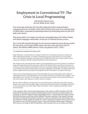 Employment in Conventional TV- the Crisis in Local Programming