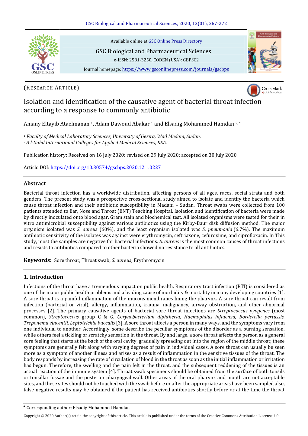 Isolation and Identification of the Causative Agent of Bacterial Throat Infection According to a Response to Commonly Antibiotic