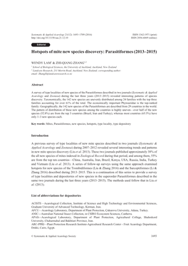 Hotspots of Mite New Species Discovery: Parasitiformes (2013–2015)